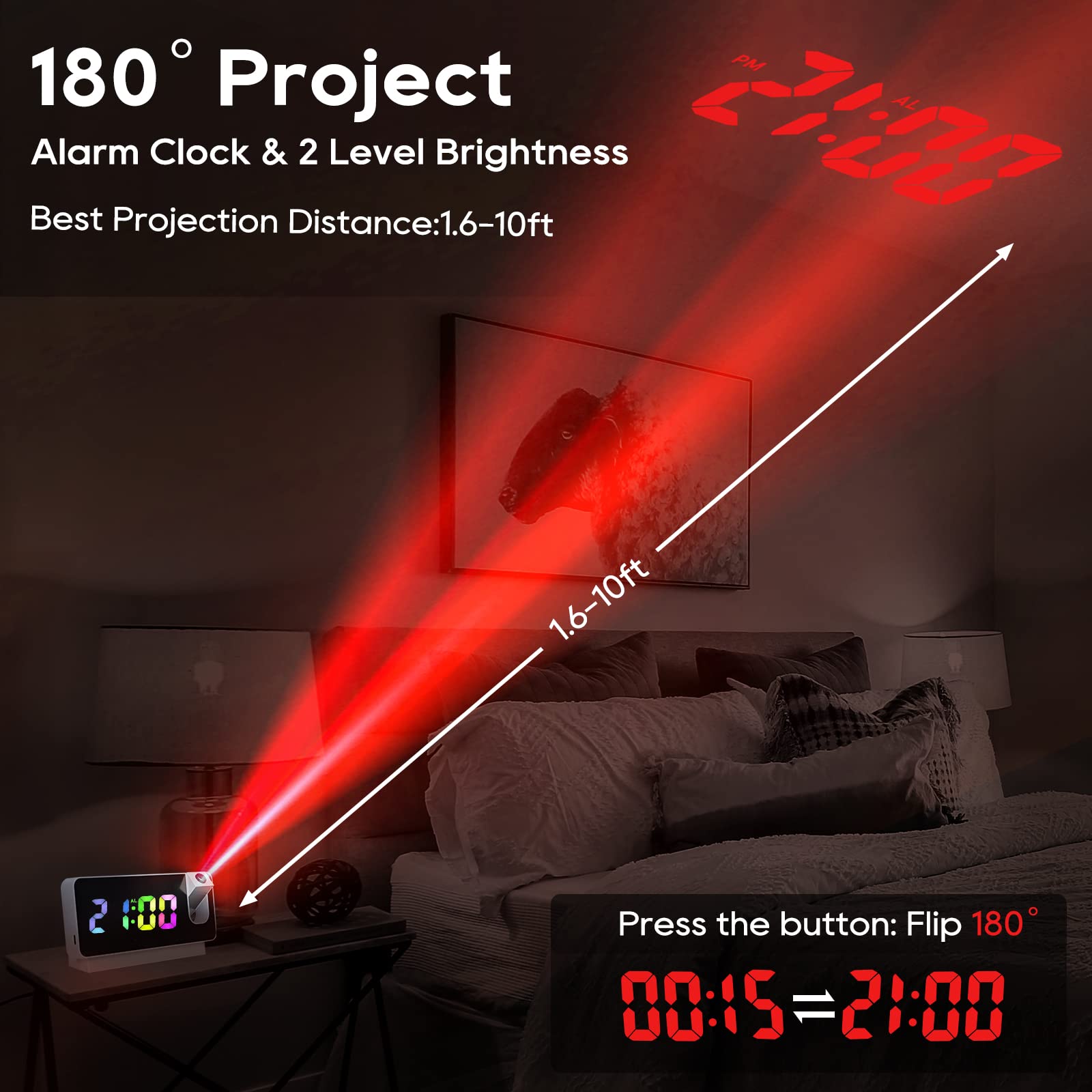 Sveglia Digitale A Specchio Da 8 Pollici Con Proiettore Girevole 180° – Doppia Sveglia, 2 Porte Di Ricarica USB, Per Camera Da Letto