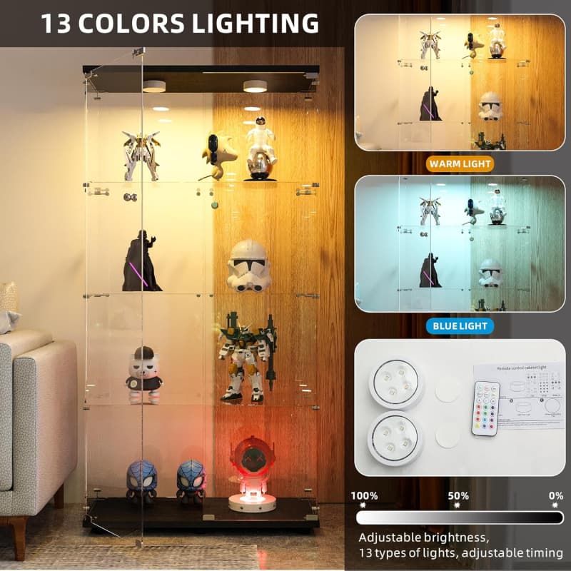 Vitrine avec portes en verre et éclairage LED, support en verre trempé à 4 niveaux, vitrine en verre de la collection Curio, vitrine, noir - 3