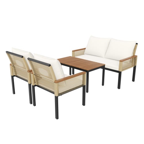 Salon de Jardin en Rotin avec Canapé Double, 2 Fauteuils et Table, Coussin Confortable pour Terrasse - 8