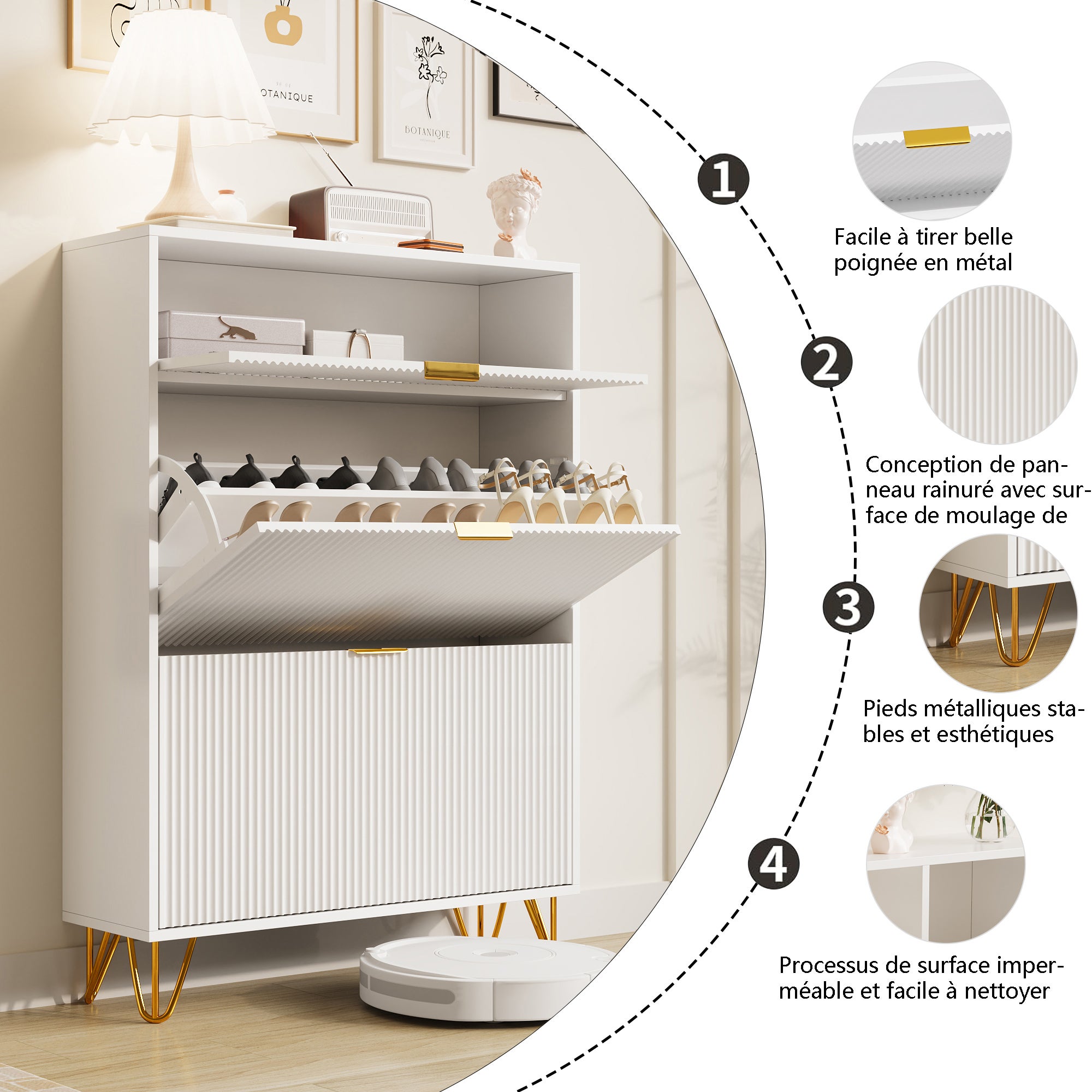 Meuble à Chaussures Étroit avec 2 Battants, Armoire à chaussures avec Étagères Réglables Meuble de Rangement à Chaussures avec Tiroir, Blanc - 5