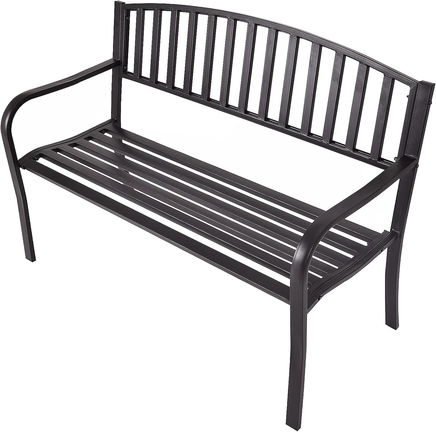 Ławka Ogrodowa ze Stali, Krzesło Ogrodowe z Siedziskiem i Oparciem z Listew, Dwóchosobowa Sofa Ogrodowa 127 x 60 x 87 cm, Czarna