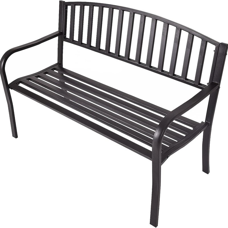 Ławka Ogrodowa ze Stali, Krzesło Ogrodowe z Siedziskiem i Oparciem z Listew, Dwóchosobowa Sofa Ogrodowa 127 x 60 x 87 cm, Czarna