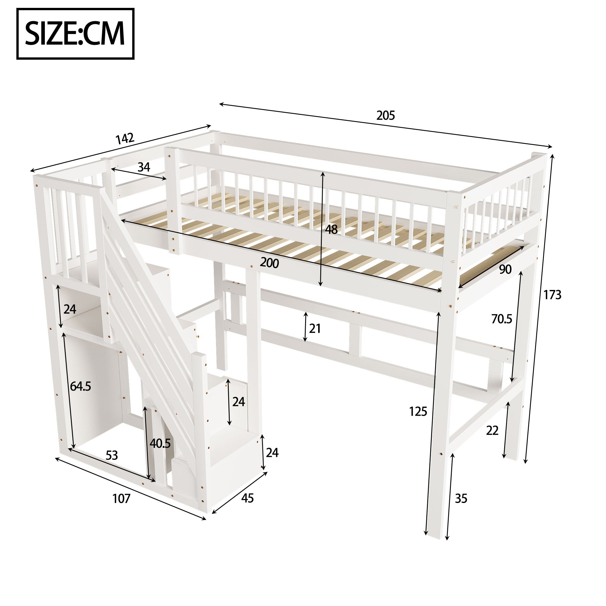 Lit mezzanine 90 x 200 cm avec armoire de rangement, lit enfant en bois avec sommier à lattes, lit superposé pour enfants et adolescents, blanc - 4