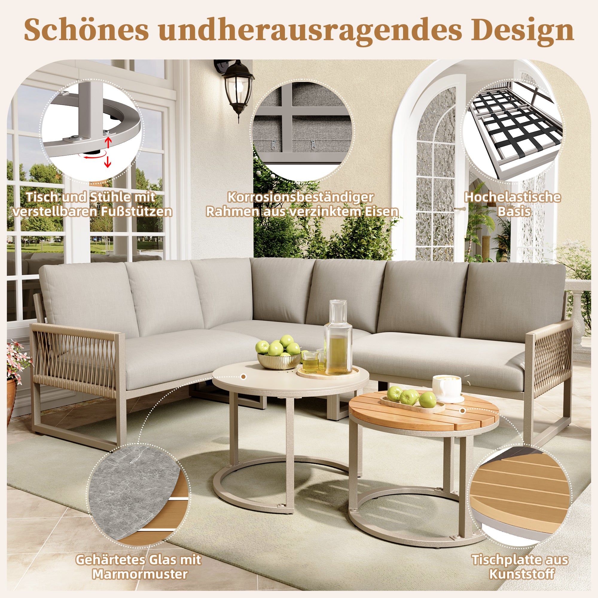 Salón de jardín, conjunto de muebles para 6-7 personas, sofá de esquina - en hierro galvanizado, patas ajustables, 2 mesas nido, beige - 2