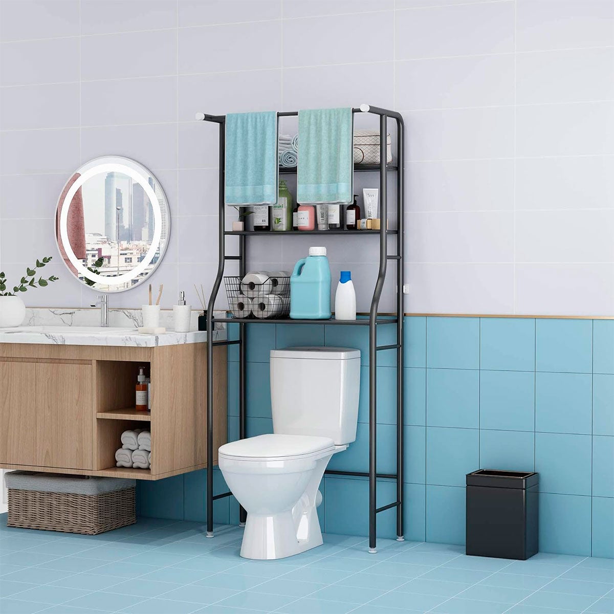 Mensola per WC da bagno 3 ripiani 1 appendiabiti superiore 166x65x25 cm Nero - 6
