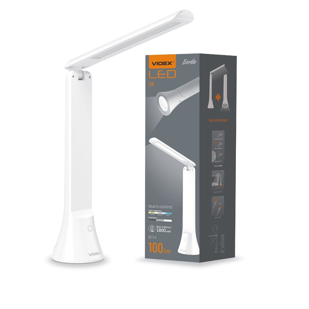 Lampka biurkowa LED 5W z latarką w podstawie wbudowany akumulator Biała Videx