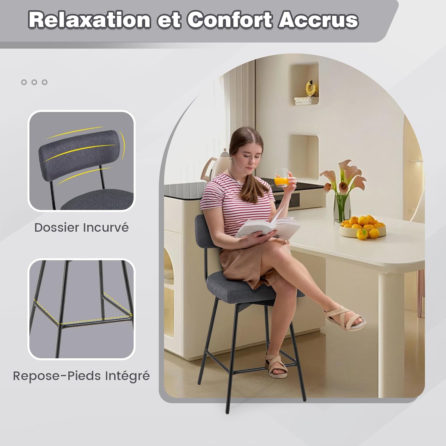 2-częściowy zestaw obrotowych stołków barowych z oparciem i podnóżkiem, wysokość siedziska 63,5 cm, krzesło kuchenne z metalową ramą (kolor szary) - 8