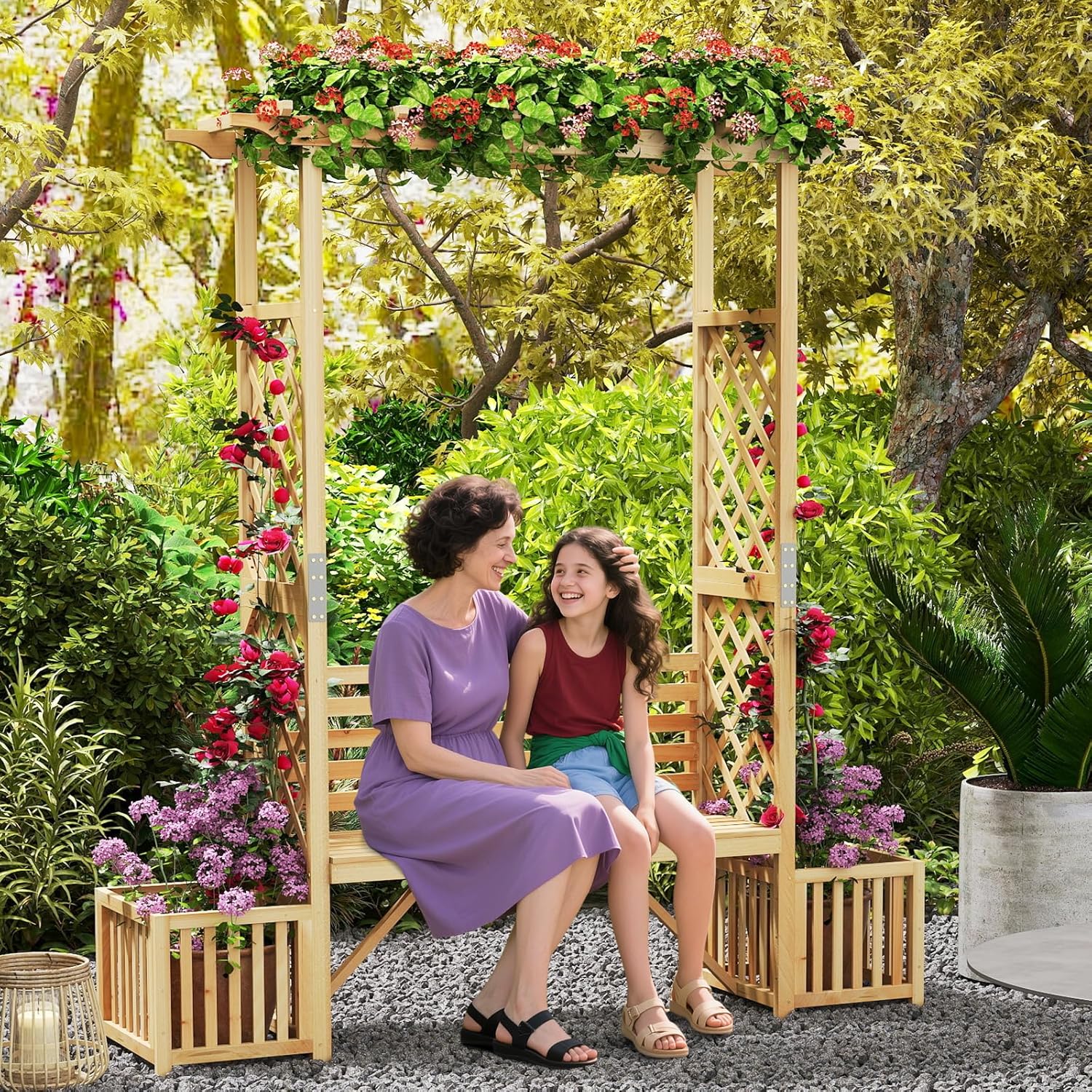 Arche de Jardin avec Jardinière Banc 2 Places à Charge 300 KG, Treillis Latéral pour Plantes Grimpantes Extérieur, pour Terrasse Jardin, Naturel - 9