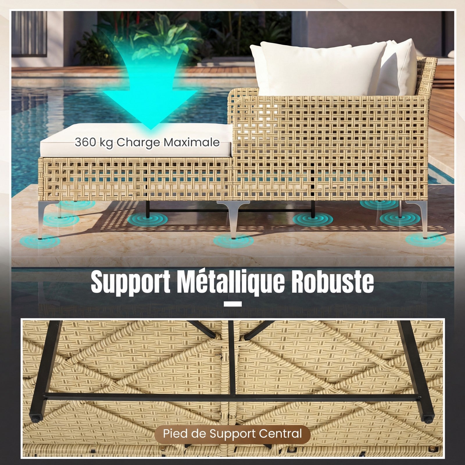 Cama de Dia Dupla em Rattan para Exterior, Espreguiçadeira de Vime para 2 Pessoas com Almofadas de Assento e Encosto, Banco de Sol com Suporte - 5