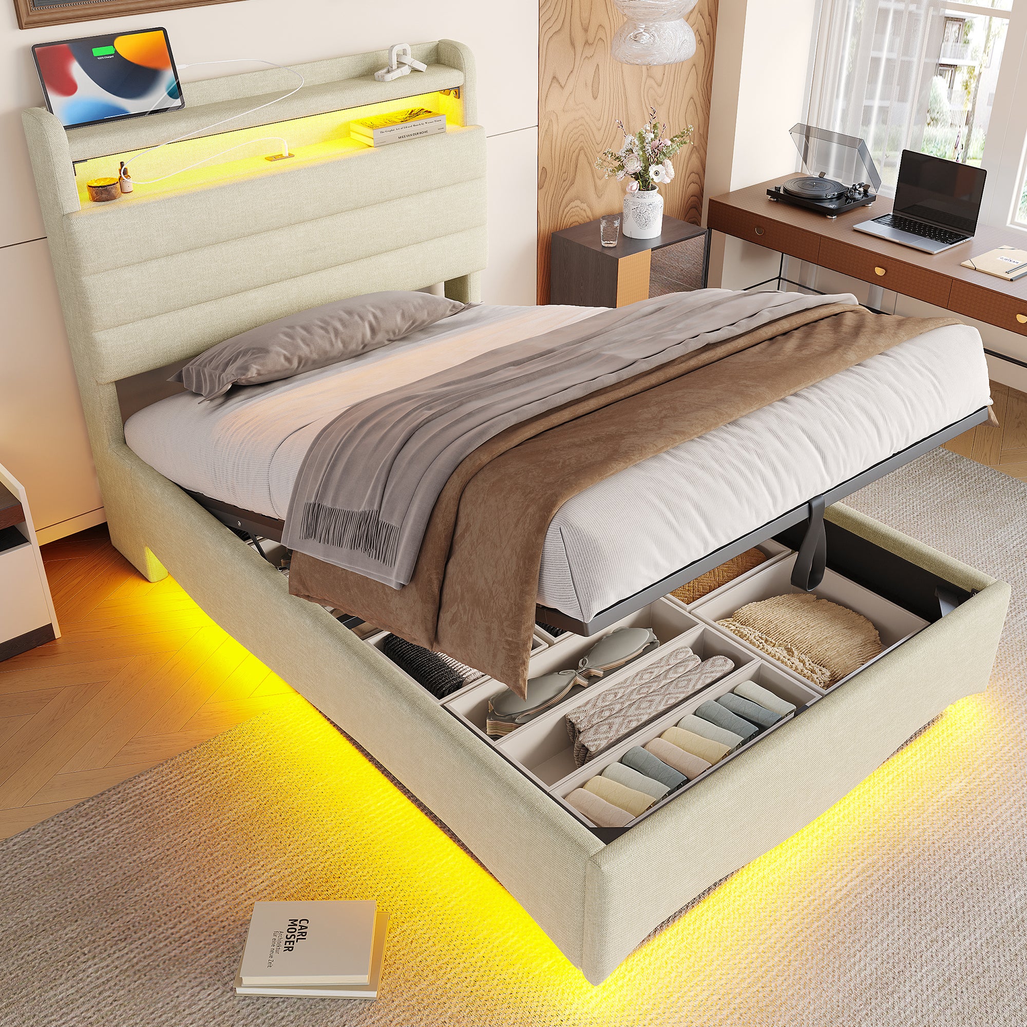 Lit coffre 90x200cm - avec éclairage LED - avec port de charge USB - avec étagères - velours - gris (matelas