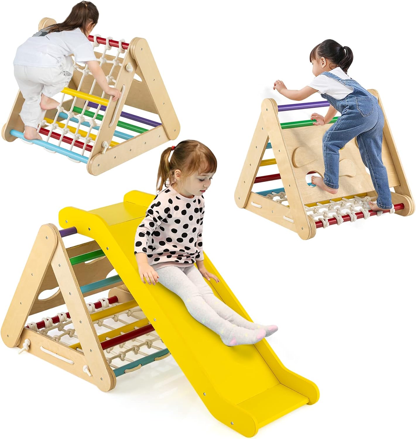 Trójkąt wspinaczkowy 4 w 1 ze zjeżdżalnią, drewniane rusztowanie do wspinaczki i wspinaczki, dla dzieci od 1 roku życia (żółty)