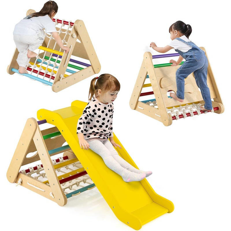 Trójkąt wspinaczkowy 4 w 1 ze zjeżdżalnią, drewniane rusztowanie do wspinaczki i wspinaczki, dla dzieci od 1 roku życia (żółty)