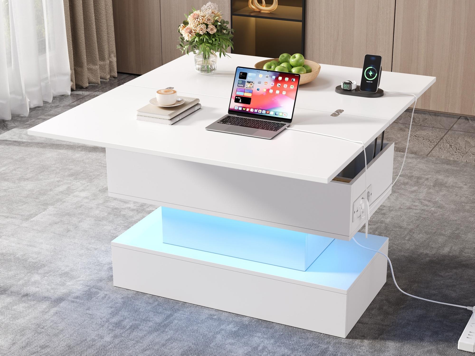 Stolik kawowy z podnoszonym blatem 100 x 50 x 51,5 cm - z portami USB i Type-C - z oświetleniem LED - biały
