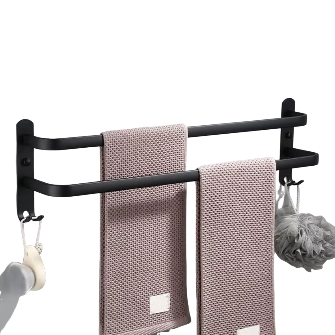 Wieszak ścienny na ręczniki z 2 haczykami do łazienki i kuchni hotelowej, czarny, dwuwarstwowy, 50 cm