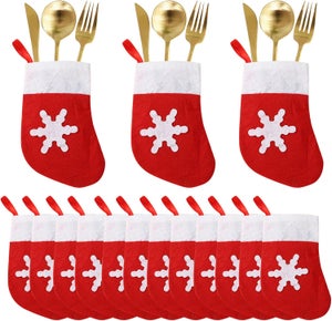 12 Chaussettes De Noël Suspendues - Organisateur Couverts Et Cadeaux - Décoration Sapin Et Table - Rouge Avec Flocons