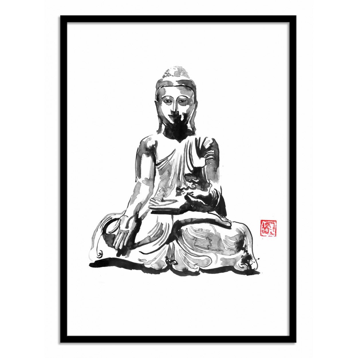 Art-poster - buddha - pechane sumie - con marco negro 50 x 70 cm