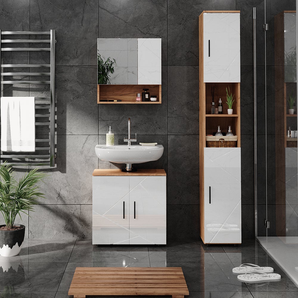 Vicco Meuble sous vasque simple Irma, Blanc brillant/Chêne doré, 60x59cm - 4