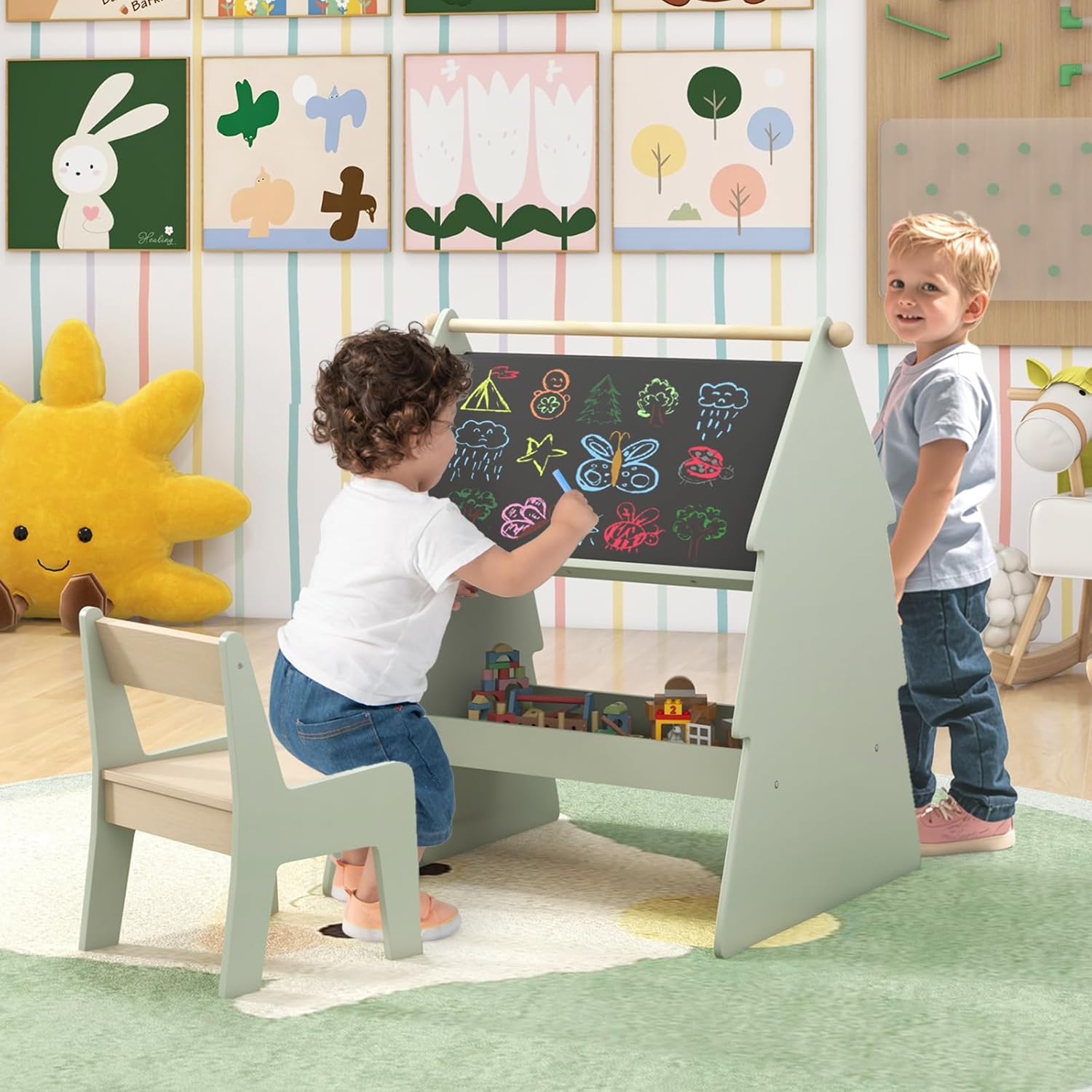 LIFEZEAL – Chevalet Pivotant 360° Double Face – Tableau Noir/blanc + Magnétique – Avec Rouleau Papier, Boulier Et Alphabet – Bois – Dès 3 Ans