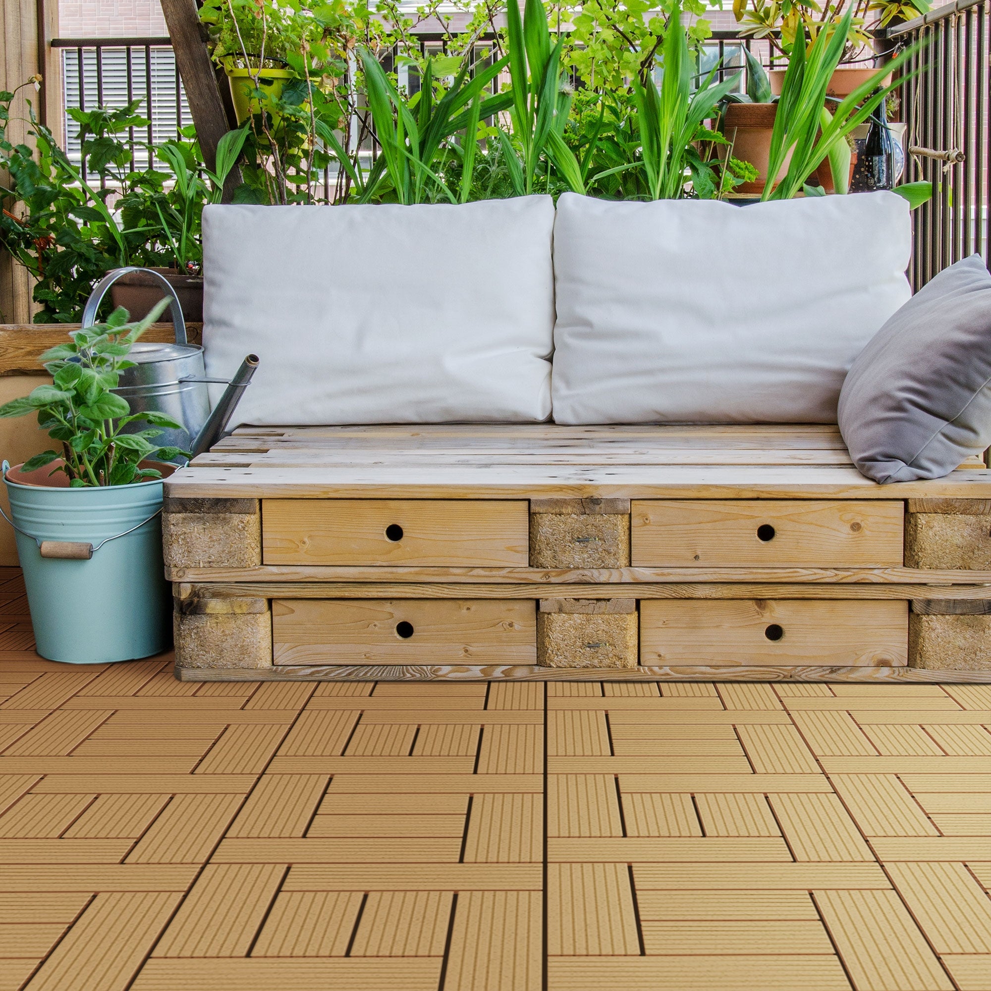 ECD Germany Plytki Tarasowe WPC 30x30 cm 11-elementowy Zestaw Ekonomiczny na 1m² Mozaika Tekowa Imitujaca Drewno do Ogrodu Balkonu Podlogi z Systemem