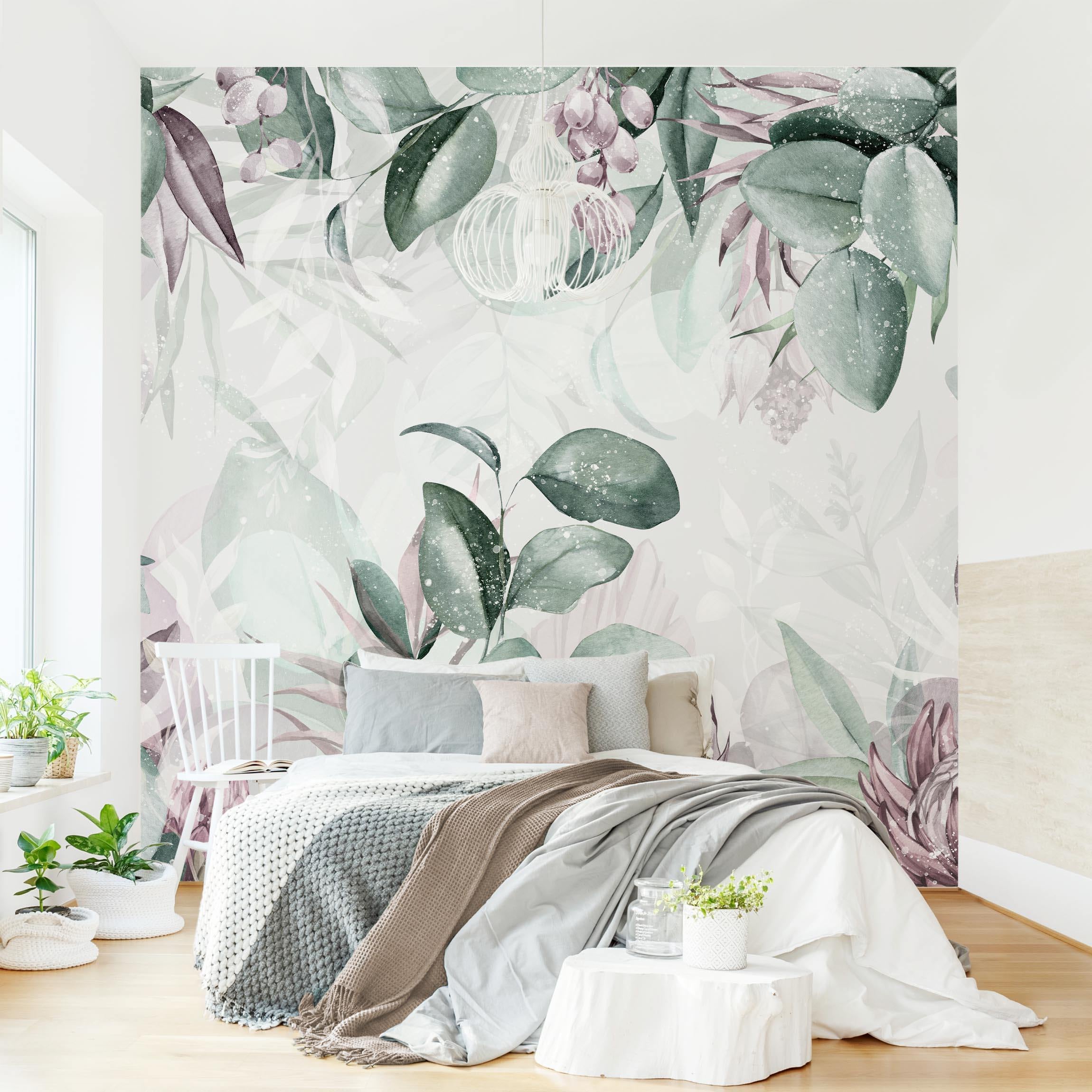 Papel pintado fotomural acuarela flores botánico tropical arte 350 - salón dormitorio cocina pasillo - tnt 192 x 192 cm smart