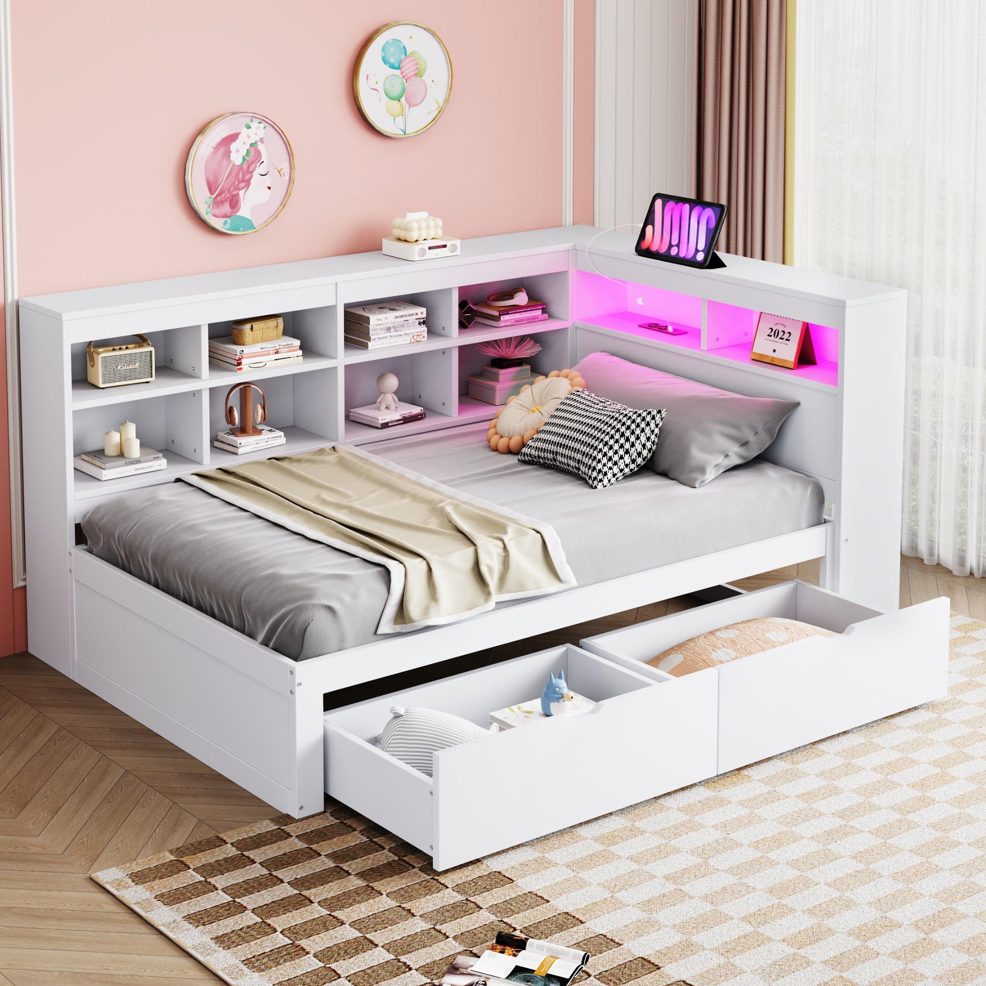 Sofa lóżko z USB i LED - masywne drewno, biały, 90x200 cm, z szufladami i regałami