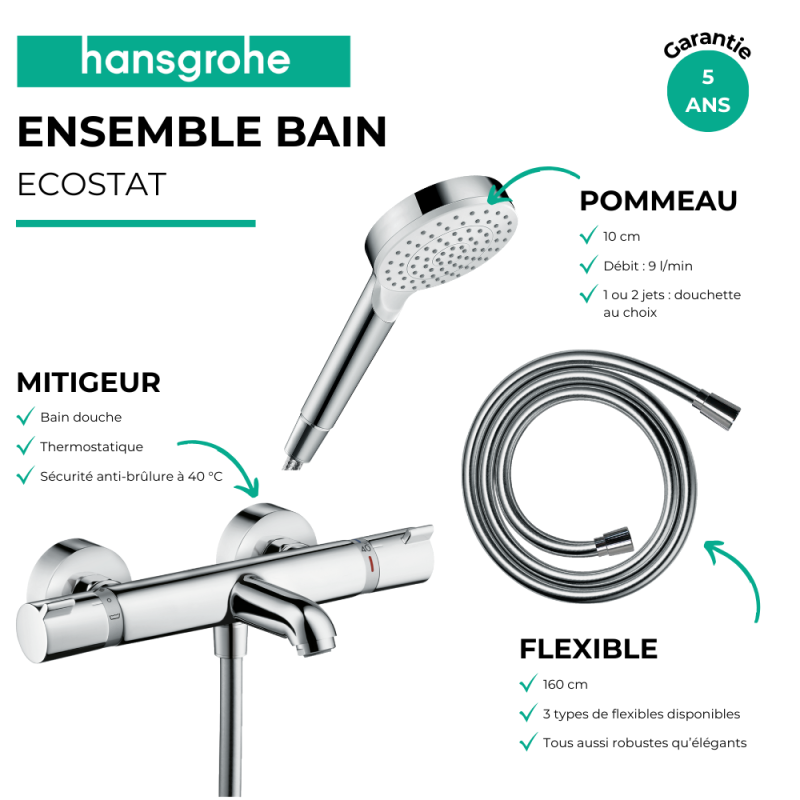 Pack mitigeur bain thermostatique HANSGROHE Ecostat Comfort + Flexible Metaflex 1,6m + Pommeau Vernis Blend EcoSmart 2 jets chromé - 3