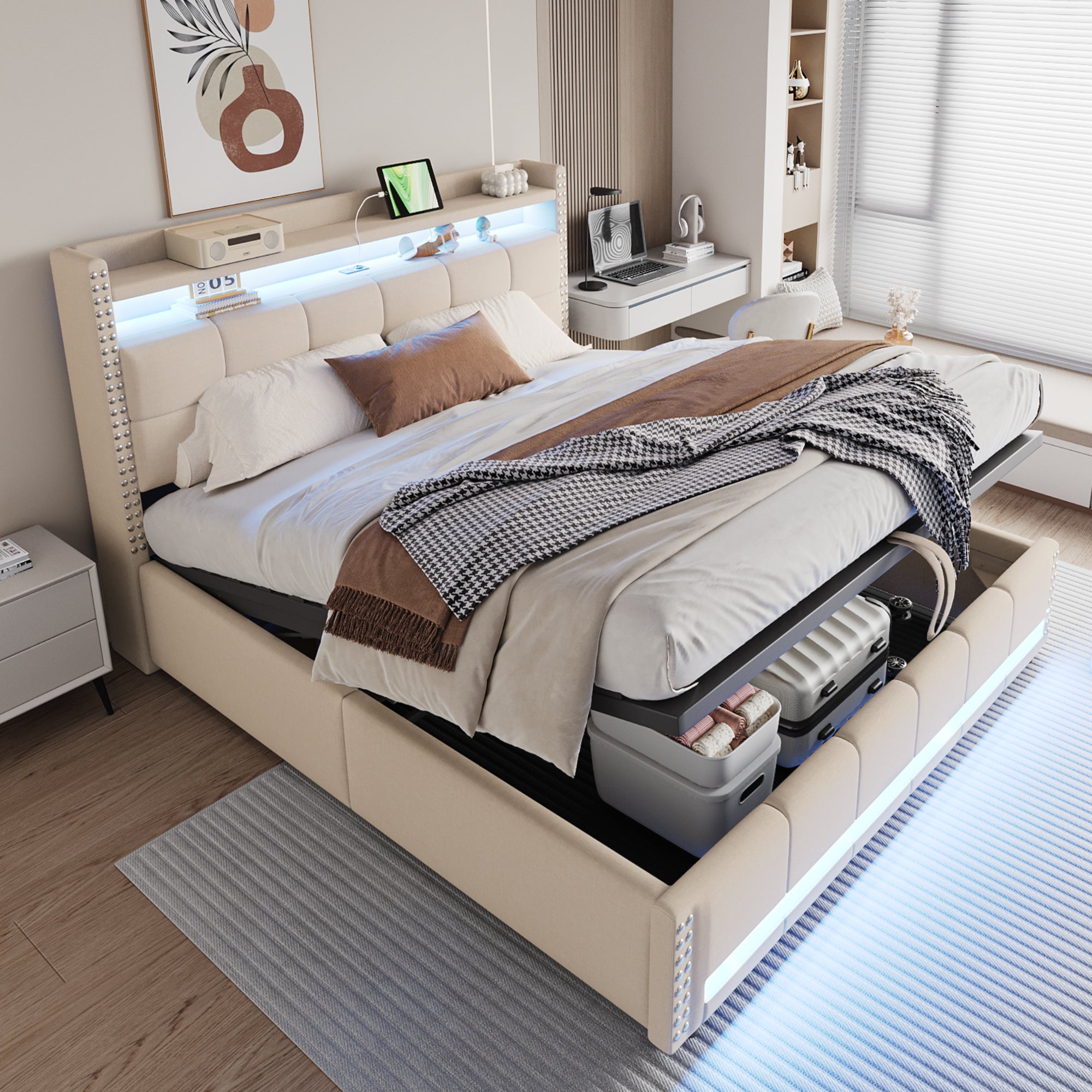 Letto matrimoniale imbottito 180x200 cm, LED, USB, contenitore idraulico, velluto morbido, struttura in metallo, beige | Leroy Merlin