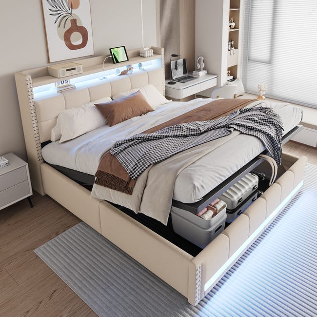 Letto matrimoniale imbottito 180x200 cm, LED, USB, contenitore idraulico, velluto morbido, struttura in metallo, beige | Leroy Merlin Letto matrimoniale imbottito 180x200 cm, LED, USB, contenitore idraulico, velluto morbido, struttura in metallo, beige | Leroy Merlin