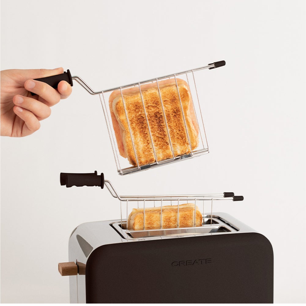 CREATE - Pack TOAST RETRO Mały Toster do dużych kromek pieczywa + 2 KRATKI SZCZYPCE do zrobienia kanapek - Noir