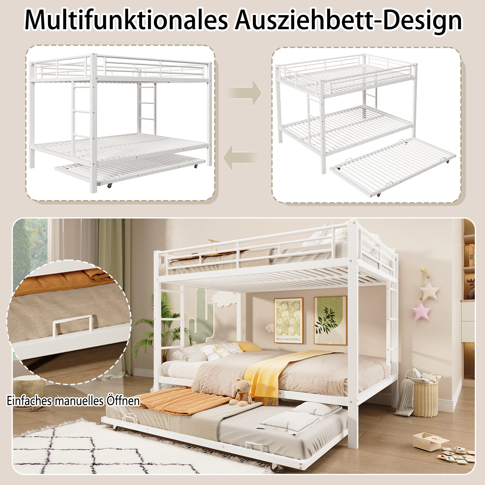 Lits superposés 2 x 140 x 200 cm avec lit gigogne 90 x 190 cm - Cadre en métal - Blanc (sans matelas) - 3