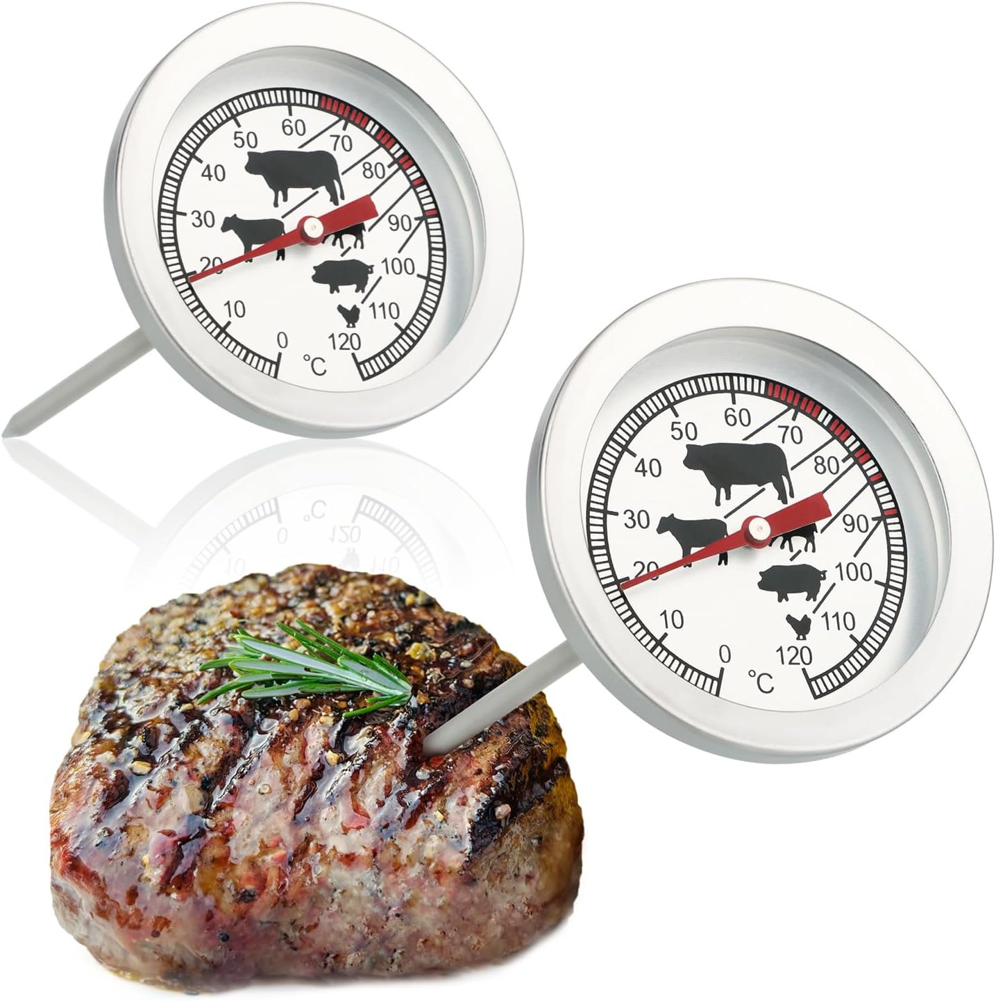 2x termometr do pieczeni ze stali nierdzewnej - analogowy termometr do mięsa do 120°C - termometr do grilla - igła do mięsa - 10 cm