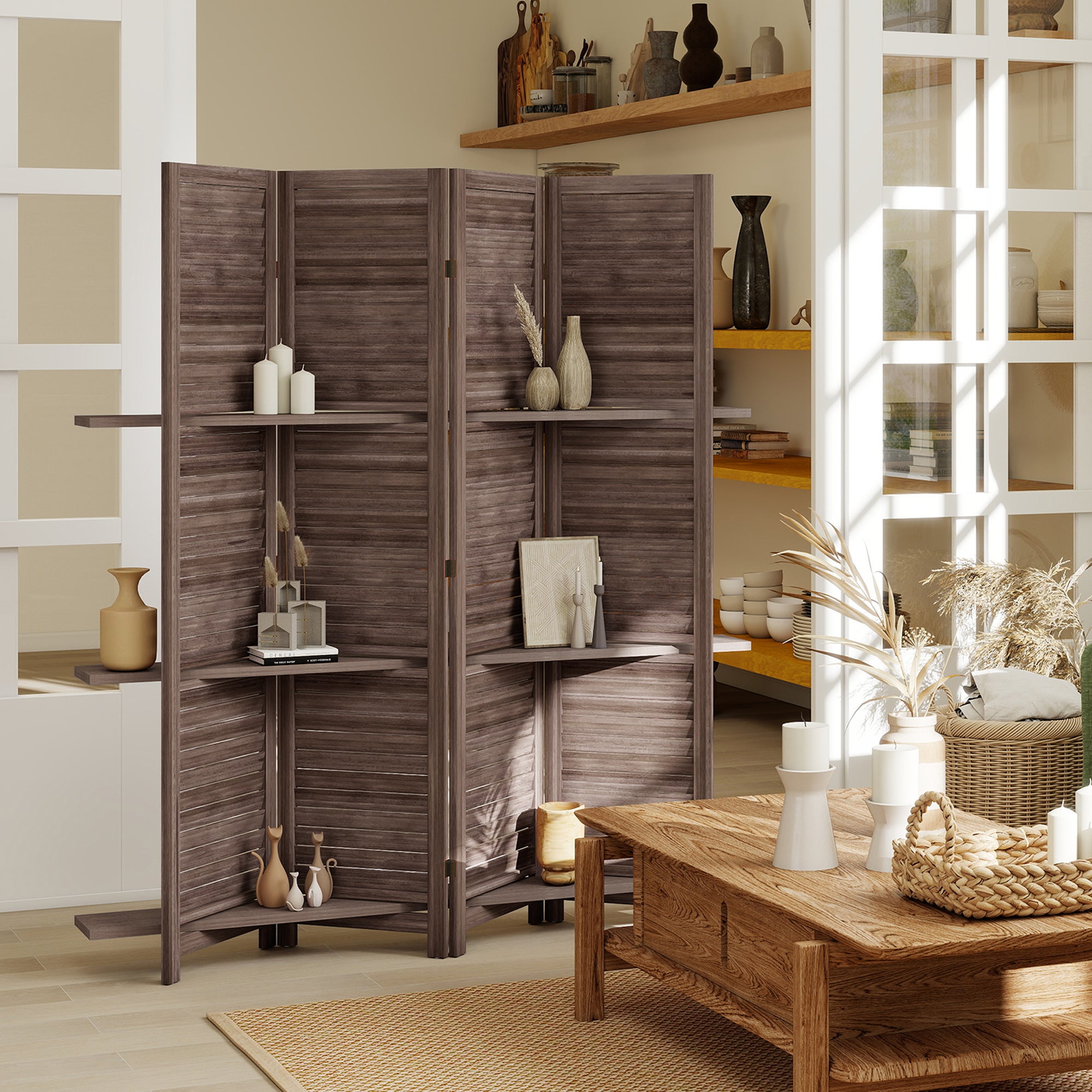 Paravent intérieur en bois 4 panneaux 160x170cm,séparateur de pièce pliable avec 3 étagères,noyer - 3