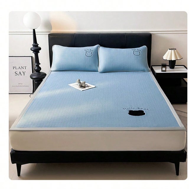 Drap de lit en soie glacée bleue, broderie, doux, lavable en machine, 1 drap et 2 taies d'oreiller, 90 x 200 cm