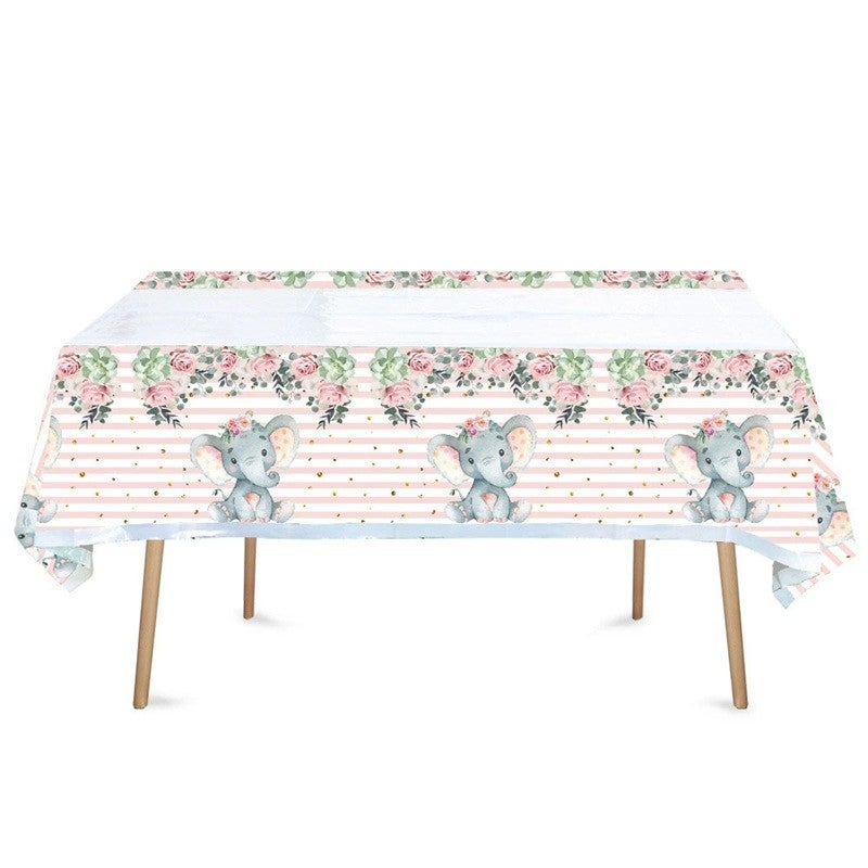Fata de masa Flippy din plastic, roz, cu imprimeu elefanti, 180 x 108 cm