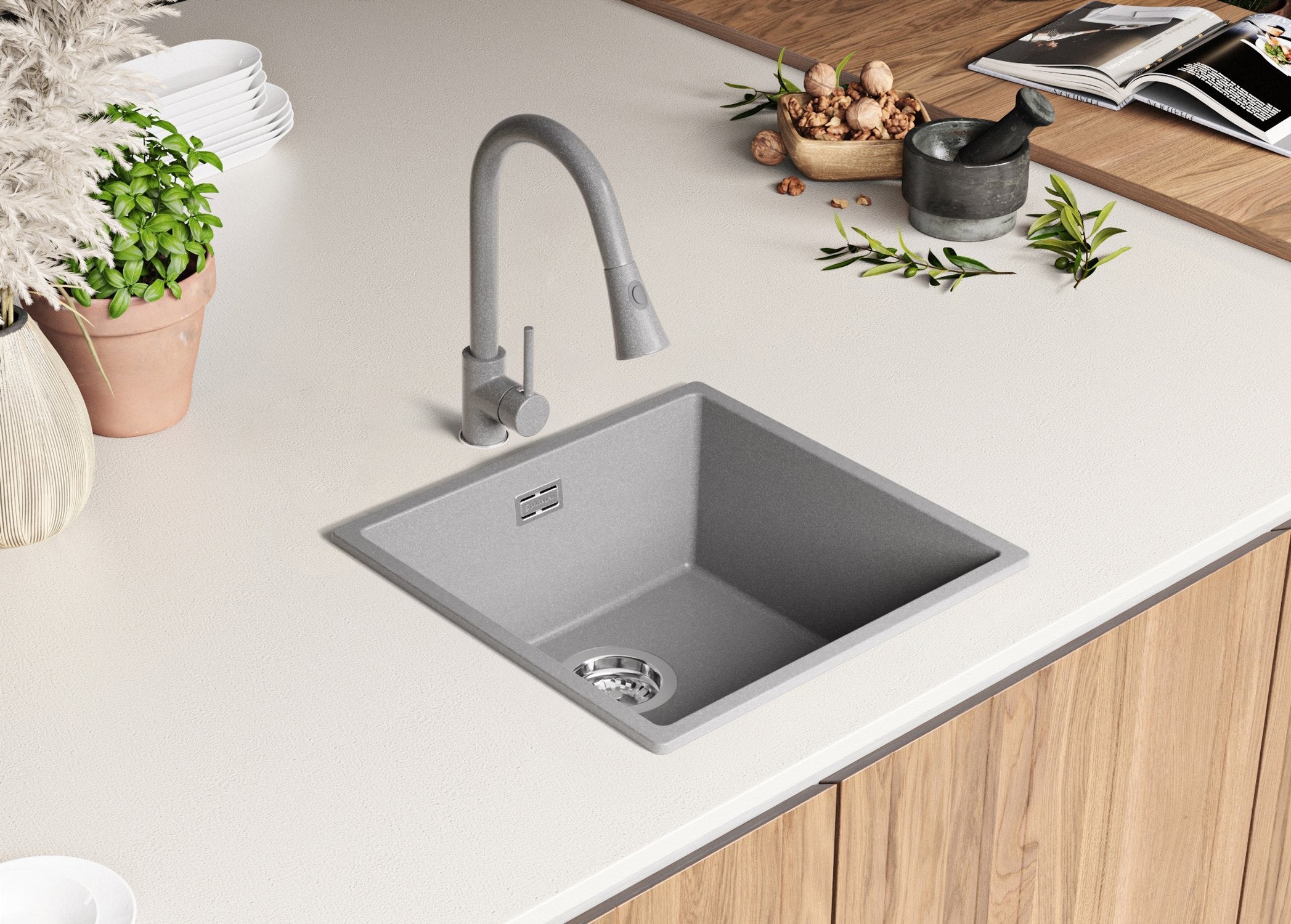 Evier Cuisine en Granit Gris 46x47cm, Lavabo 1 bac + Kit de Vidage, Évier à Encastrer au meuble 50cm - London Slim PRIMAGRAN - 8