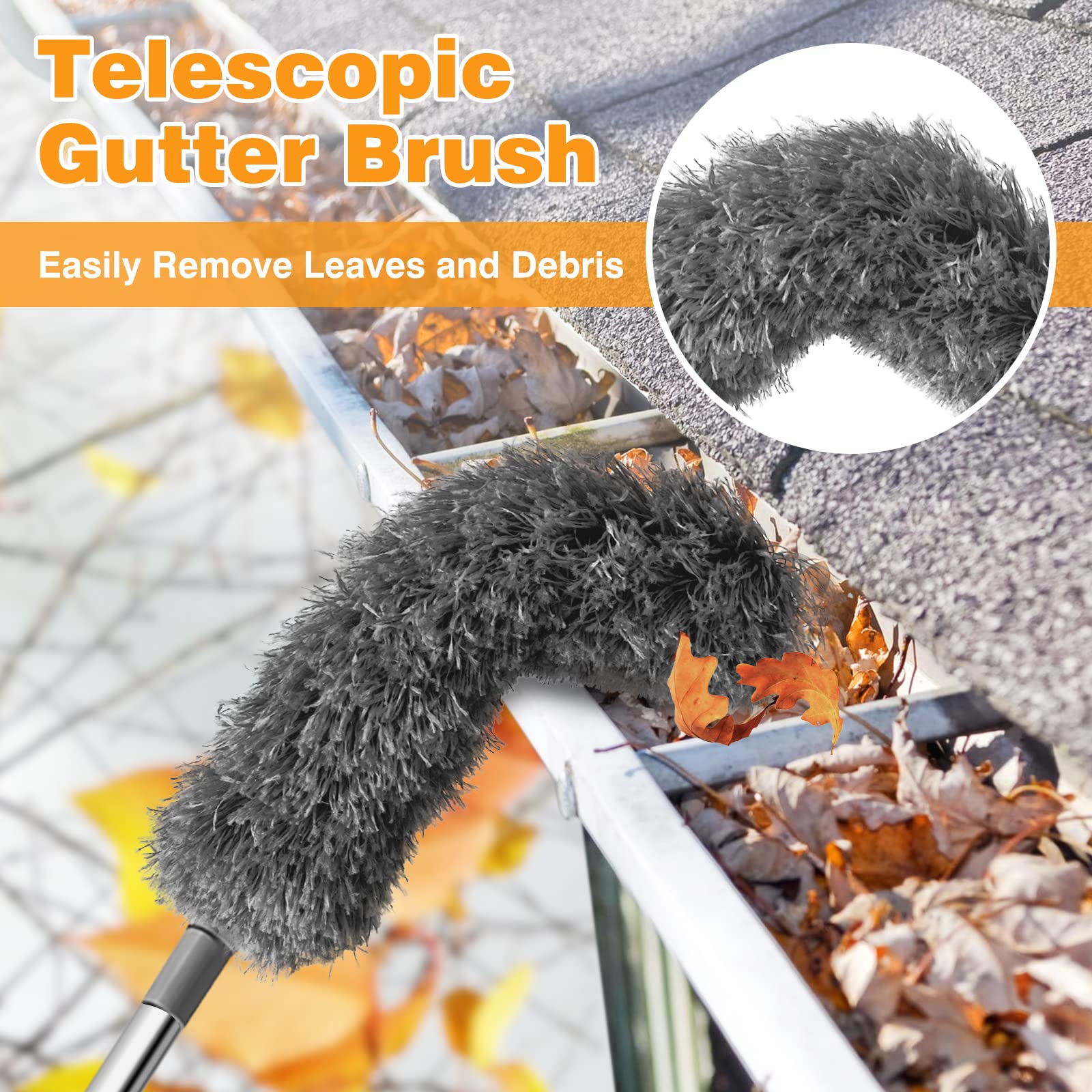 Brosse de nettoyage de gouttière, outil de toiture avec poteau télescopique de 250cm, outil de nettoyage facile à enlever les feuilles et les débris - 5