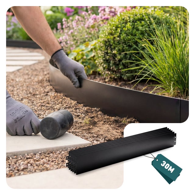 Lot de 30 Bordure de jardin en métal flexible 100x13cm noir - clôture gazon antirouille 30m - VOUNOT®
