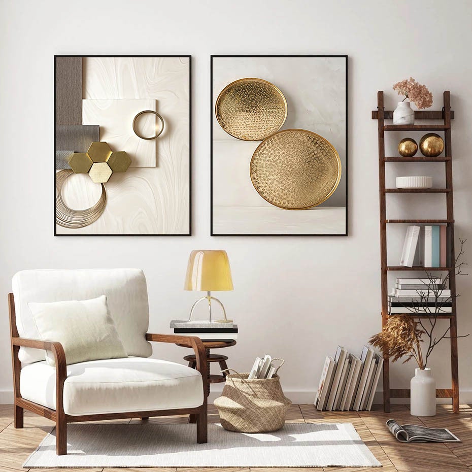 Tableau mural 3 pièces moderne sur toile non tissée - Beige abstrait moderne - Marbre géométrique - Sans cadre (50 x 70 cm) - 6