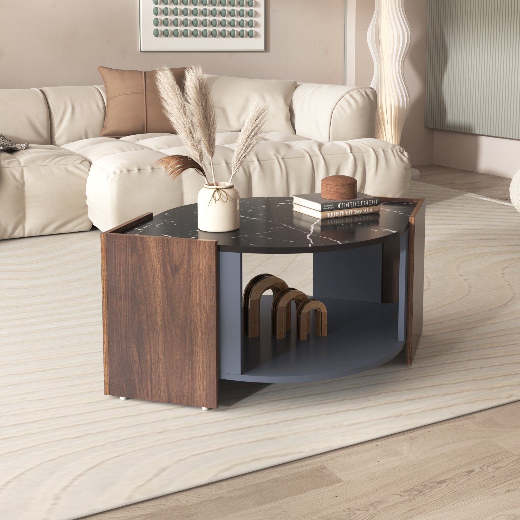 Table basse moderne multifonction effet marbre et noyer, table de salon au design contrasté avec lignes uniques, style élégant, 100x60x40cm, Marron - 4