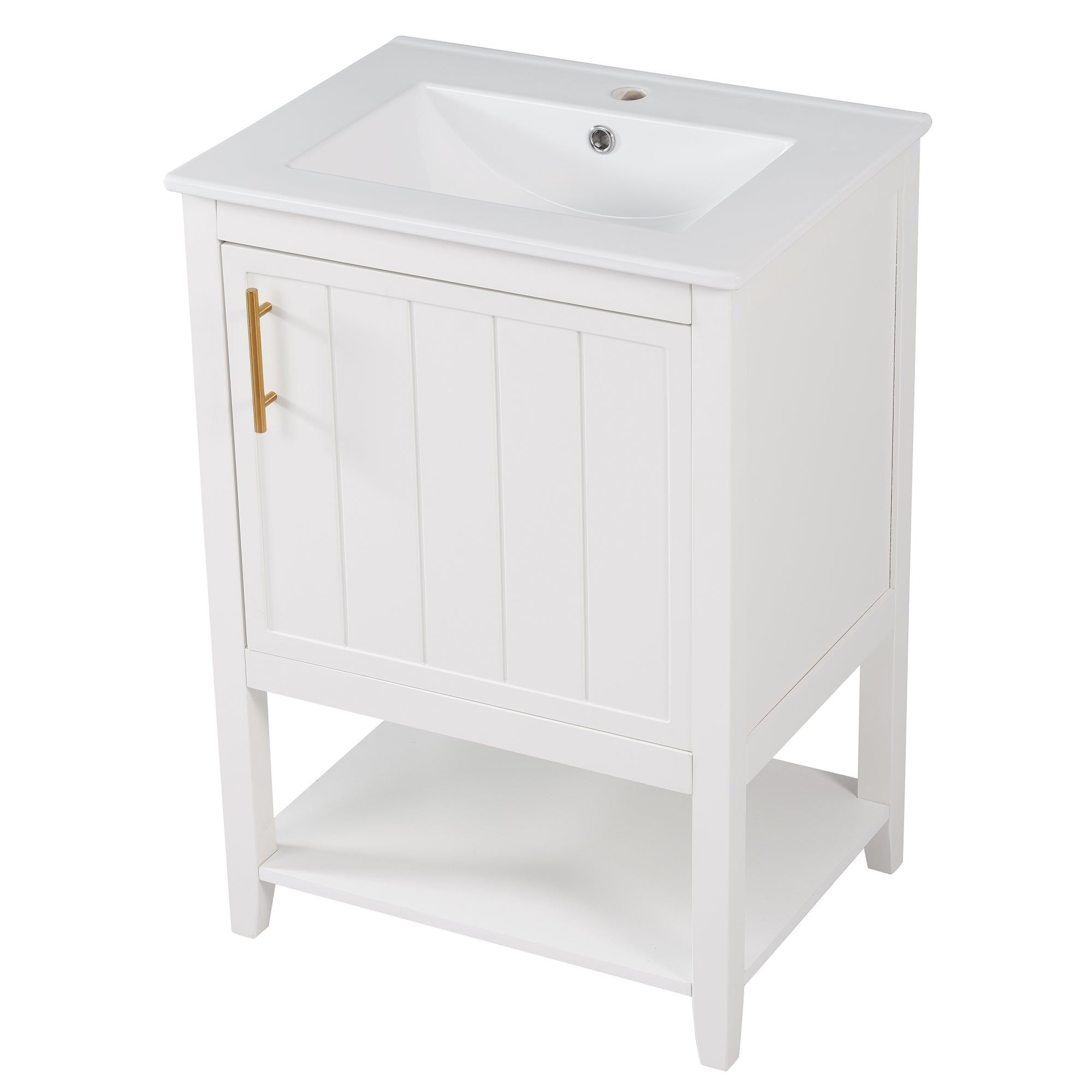 Meuble de salle de bains vasque simple, meuble-lavabo 60 cm avec vasque en céramique et étagère, blanc - 9