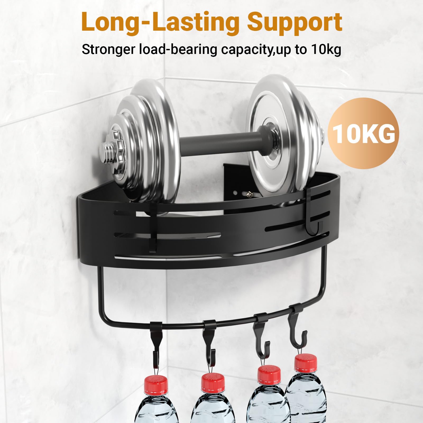 Mensola Doccia Angolare 2 Pezzi - Porta Sapone Antiruggine Con 8 Ganci, Nero, Adesivo O Foratura - Foto 4