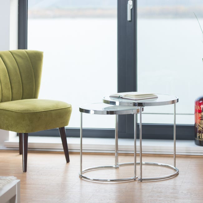 Set Di 2 Tavolini Sovrapponibili Relaxdays - Design Moderno, Struttura Cromata, Vetro Opalino, Argento - Foto 3