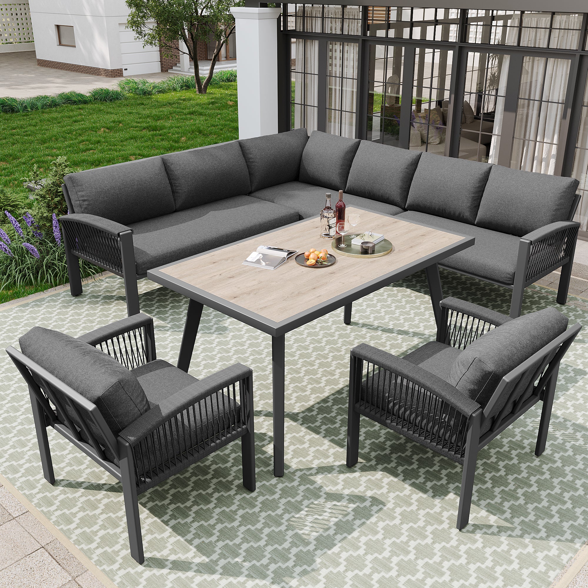 Zestaw mebli ogrodowych modułowych z ocynkowanego żelaza: 1 sofa 4-osobowa + 1 sofa 2-osobowa + 2 fotele + 1 stolik kawowy - Szary