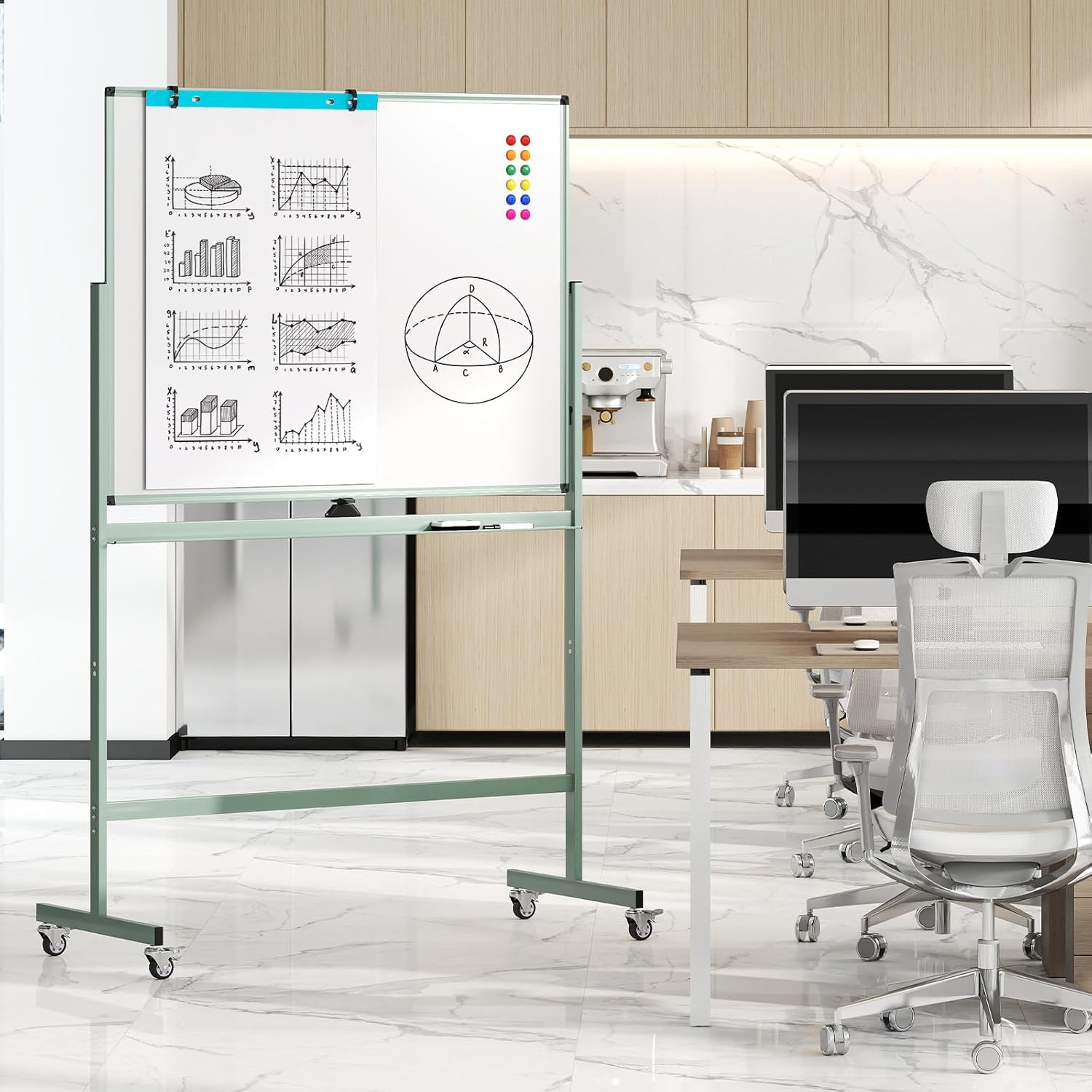 Tablica Suchościeralna o Regulowanej Wysokości 160–188 cm, Dwustronna, Magnetyczna Tablica biała Obracana o 360° z 4 Kółkami, 12 Magnesami (Zielona) - 9