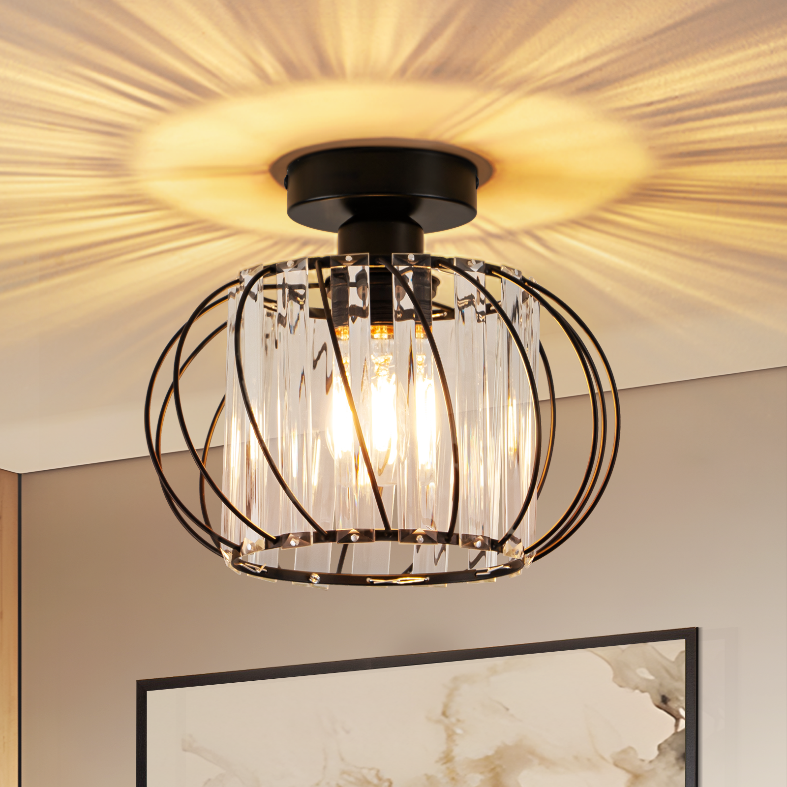 ZMH Lampa sufitowa Vintage Crystal Ø 25 cm – czarna metalowa rama, gniazdo E27 (żarówka nie jest dołączona)