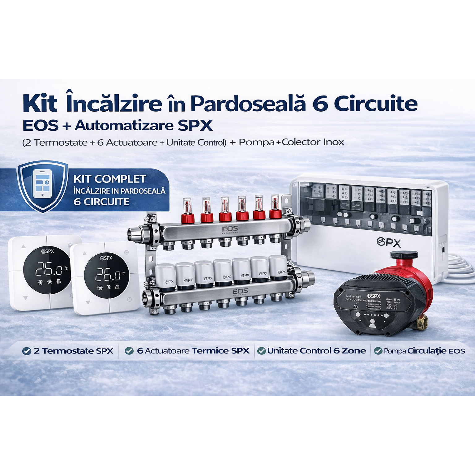 Kit Incalzire in Pardoseala 6 Circuite EOS + Automatizare SPX (2 Termostate + 6 Actuatoare + Unitate Control) + Pompa + Colector Inox