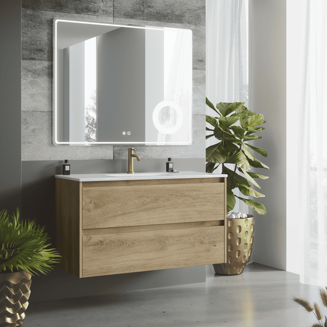 Mueble de Baño Suspendido con Lavabo Cerámico| 2 Cajones | 100 cm Roble Natural