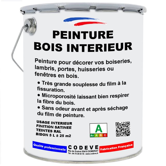 Peinture Bois Interieur - 5 L - Codeve Bois - RAL 9010 - Blanc pur - Intérieure Pour La Décoration De Votre Bois, Lambris Ou Plinthe.