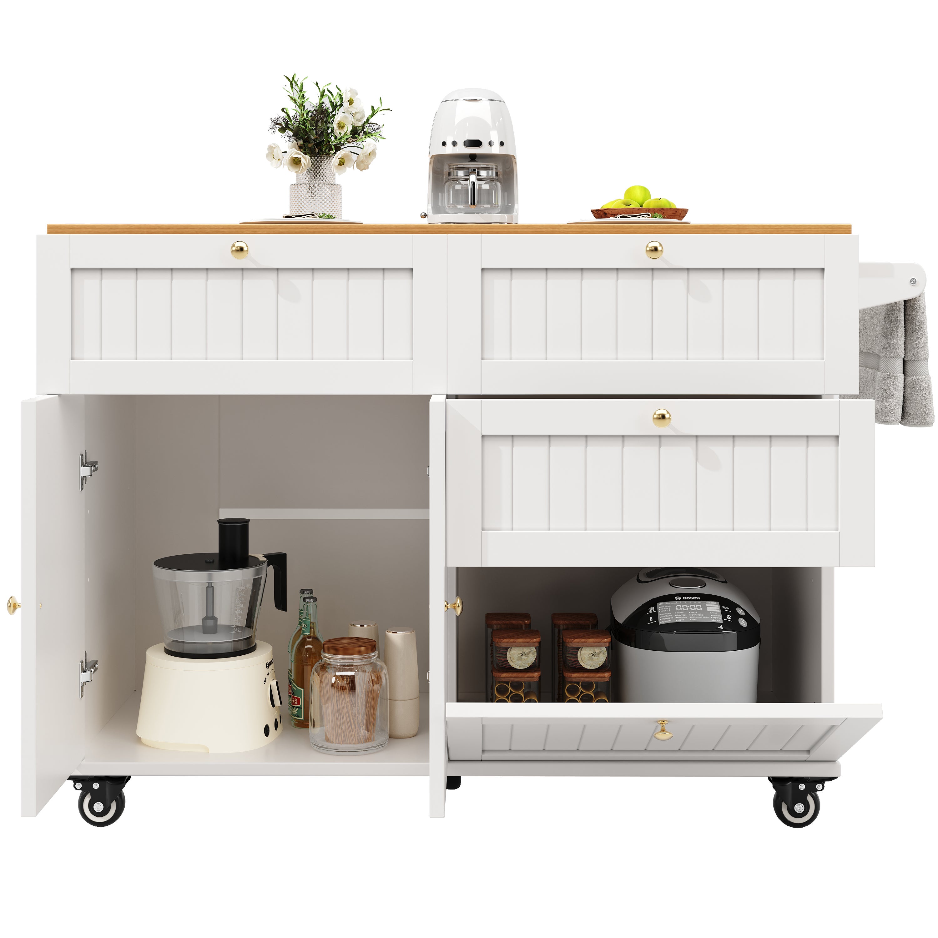 Îlot de cuisine, meuble de cuisine, meuble de salle à manger, chariot de salle à manger en grain de bois, table à manger multifonctionnelle, blanc - 8
