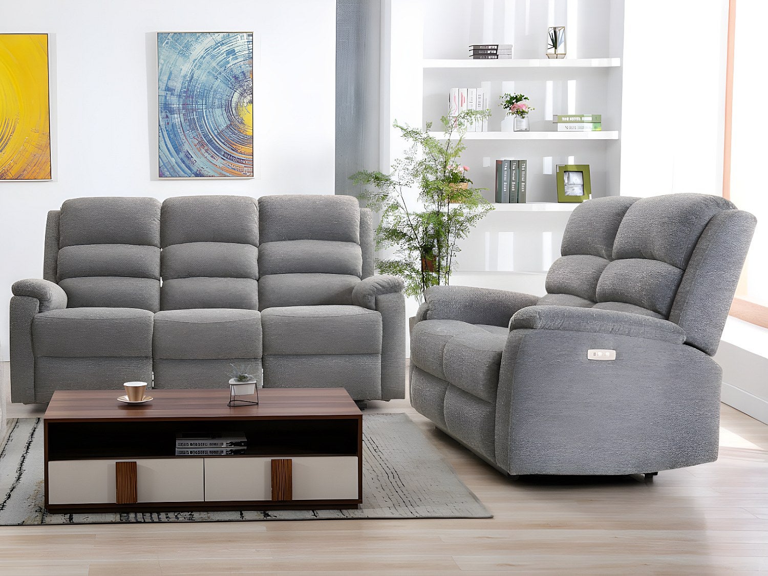 Kanapa 3+2 z tkaniny z elektryczną funkcją relax NEVERS - Szara